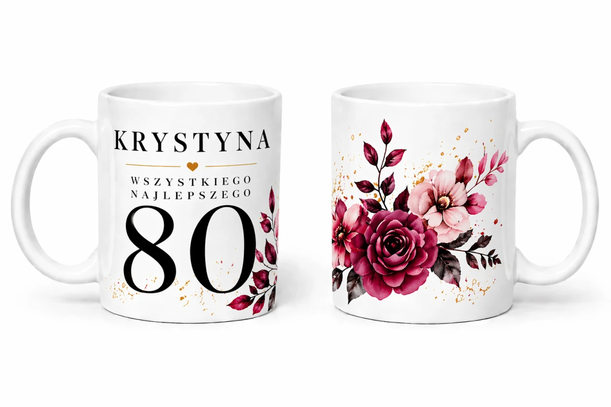 Personalizowany kubek na 80 urodziny z imieniem i motywem bordowe kwiaty