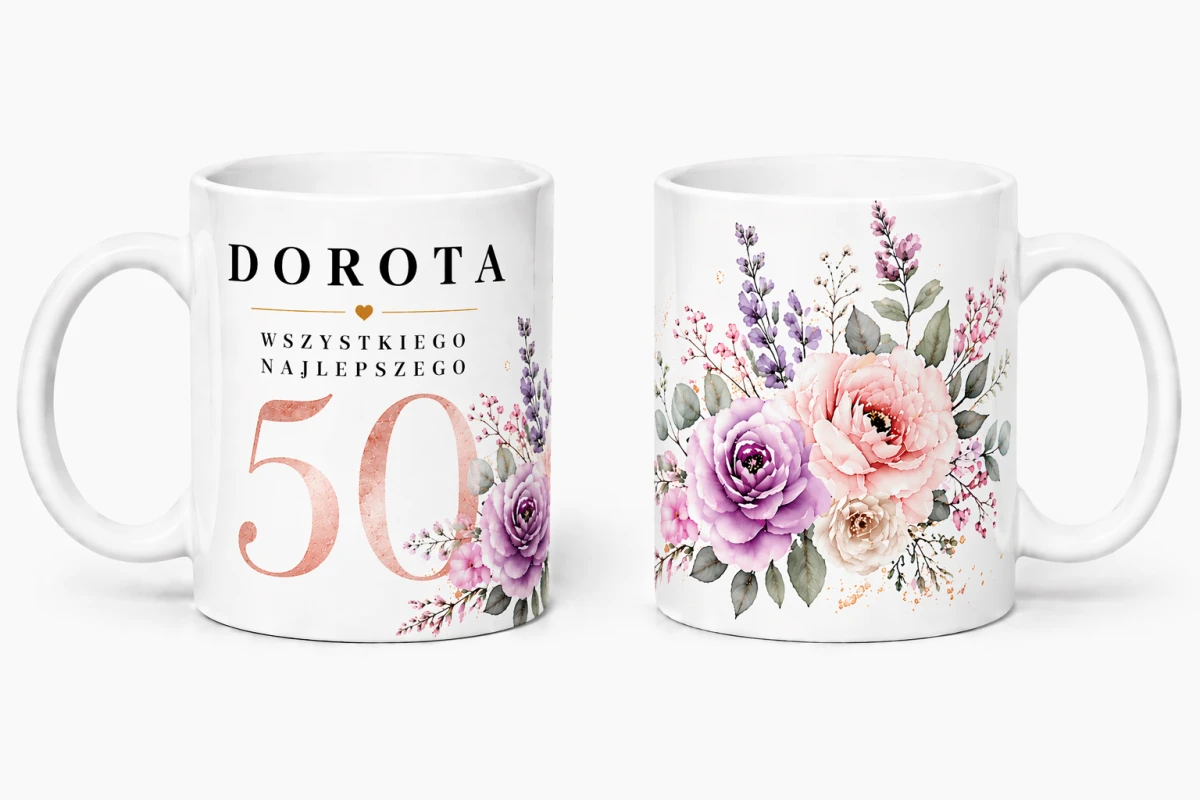 Personalizowany kubek na 50 urodziny z imieniem i motywem pastelowe kwiaty