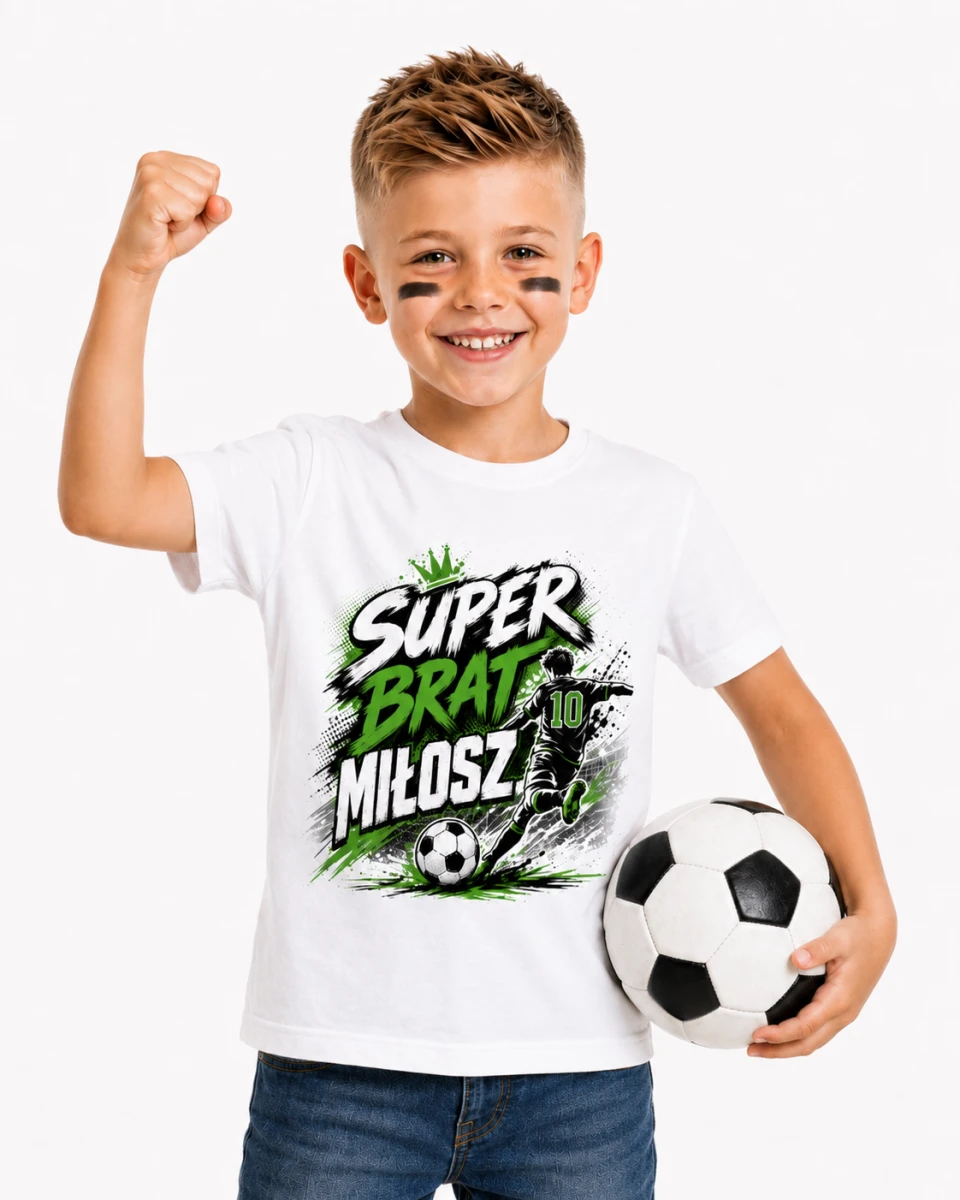 Koszulka dziecięca „Super brat” z imieniem i motywem piłki nożnej