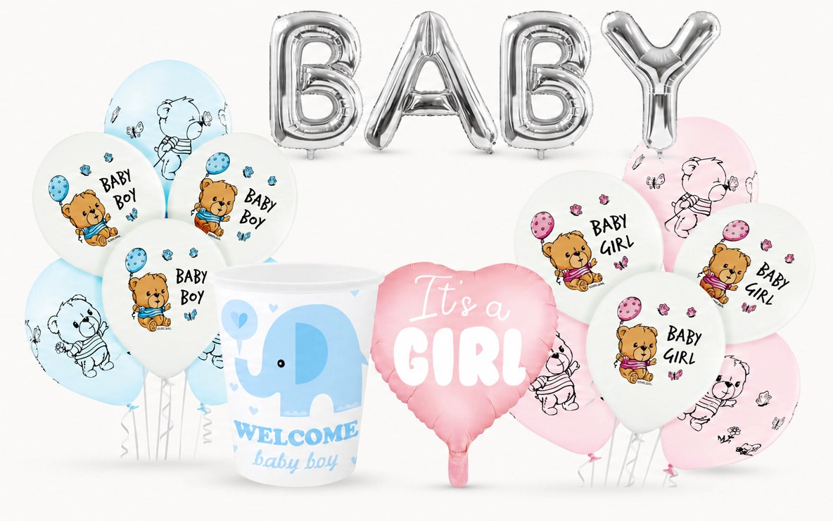 Balony, dekoracje i dodatki na Baby Shower dla chłopca i dziewczynki