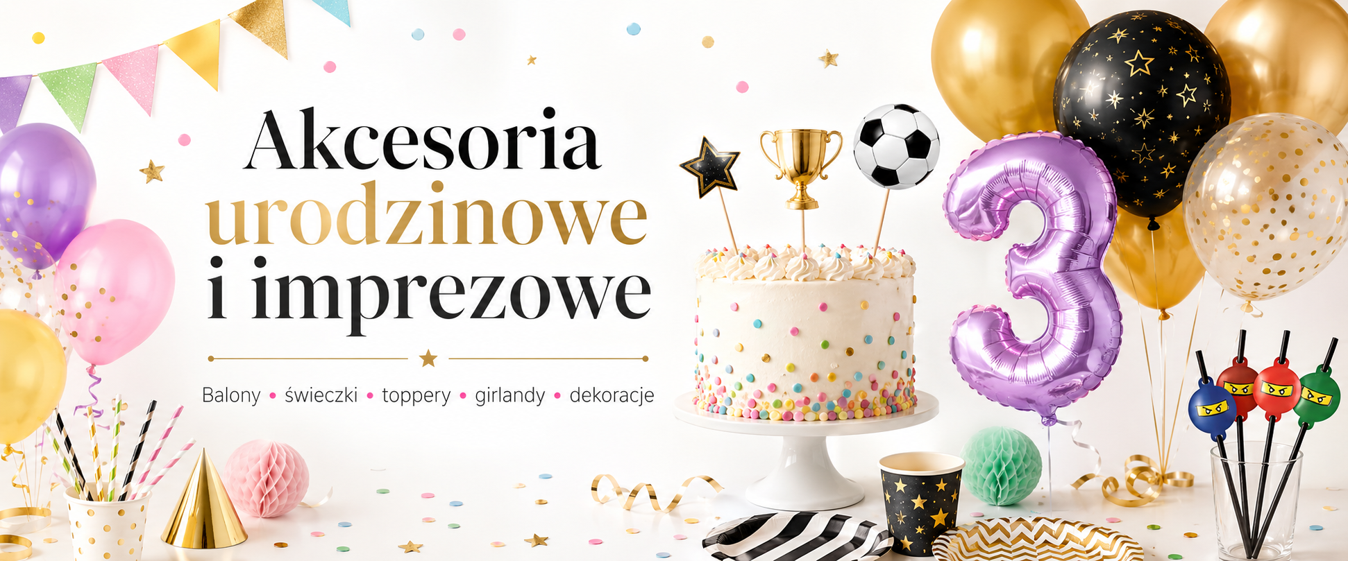 Akcesoria urodzinowe i imprezowe Akcesoria urodzinowe i imprezowe - balony, świeczki, toppery, girlandy i dekoracje